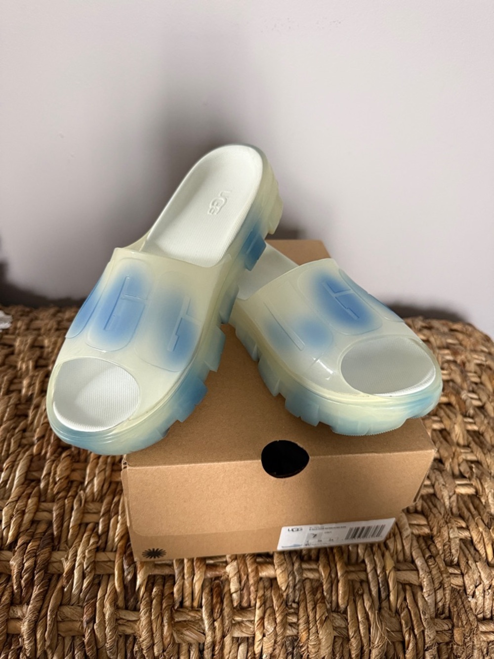 UGG Translucent Cream Slide Sandals with Blue Accents
